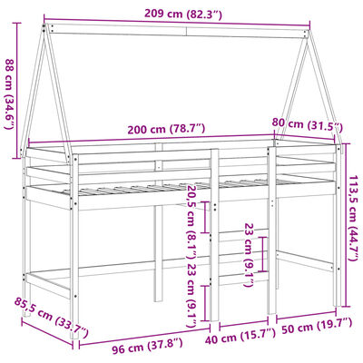 vidaXL fehér tömör fenyőfa galériaágy létrával és tetővel 80 x 200 cm