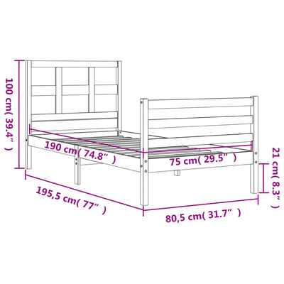 vidaXL fehér tömör fa ágykeret fejtámlával Small Single