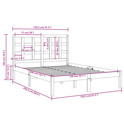 vidaXL King Size fehér tömör fa ágykeret 150 x 200 cm