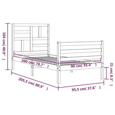 vidaXL tömör fa ágykeret fejtámlával 90 x 200 cm