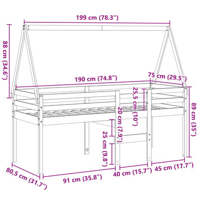 vidaXL viaszbarna tömör fenyőfa magasított ágy tetővel 75 x 190 cm