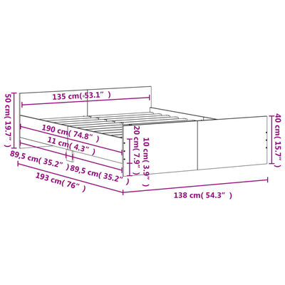 vidaXL füstös tölgy színű ágykeret fej- és lábtámlával 135 x 190 cm