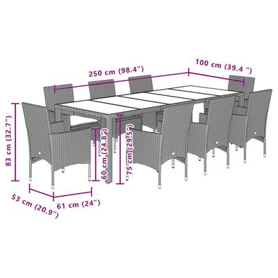 vidaXL 9 részes szürke polyrattan/üveg kerti étkezőgarnitúra párnával