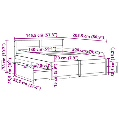 vidaXL viaszbarna tömör fenyőfa ágy fiókokkal és matraccal 140x200 cm