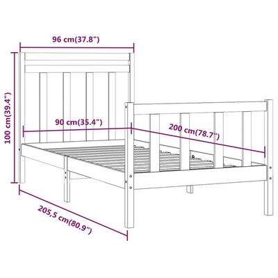 vidaXL fekete tömör fa ágykeret 90 x 200 cm