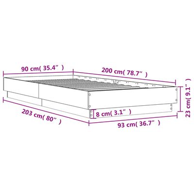 vidaXL betonszürke ágykeret LED-világítással 90x200 cm