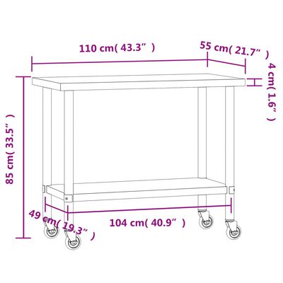 vidaXL rozsdamentes acél konyhai munkaasztal kerekekkel 110x55x85 cm