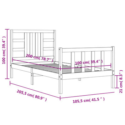 vidaXL fekete tömör fa ágykeret fejtámlával 100 x 200 cm