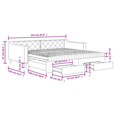 vidaXL világosszürke kihúzható szövet heverő fiókokkal 100 x 200 cm