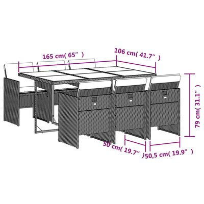 vidaXL 7 részes világosszürke polyrattan kerti étkezőszett párnával