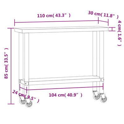 vidaXL rozsdamentes acél konyhai munkaasztal kerekekkel 110x30x85 cm