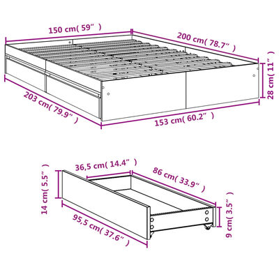 vidaXL füstös tölgy színű szerelt fa ágykeret fiókokkal 150x200 cm