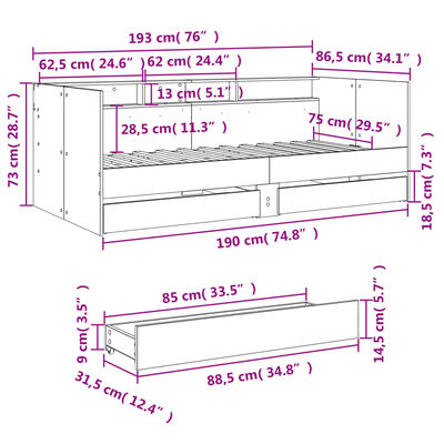 vidaXL sonoma tölgy kanapéágy fiókkal matrac nélkül 75x190 cm