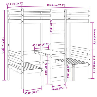 vidaXL tömör fenyő galériaágy-keret asztallal és székekkel 90 x 175 cm