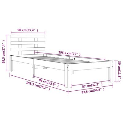 vidaXL Single fekete tömör fa ágykeret 90 x 190 cm