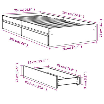 vidaXL sonoma tölgy színű szerelt fa ágykeret fiókokkal 75x 190 cm