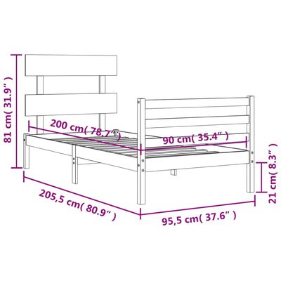 vidaXL fehér tömör fa ágykeret fejtámlával 90 x 200 cm