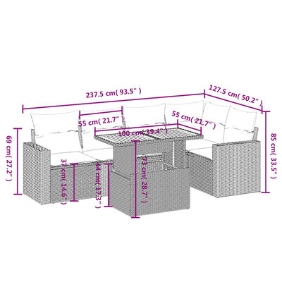 vidaXL 6 részes fekete polyrattan kerti ülőgarnitúra párnákkal