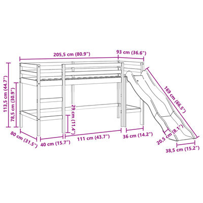 vidaXL kék tömör fenyőfa gyerek galériaágy alagúttal 80 x 200 cm