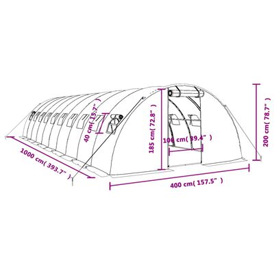 vidaXL zöld acélvázas melegház 40 m² 10 x 4 x 2 m