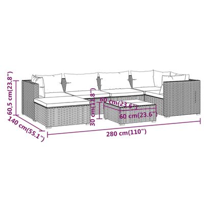 vidaXL 7 részes fekete polyrattan kerti ülőgarnitúra párnákkal