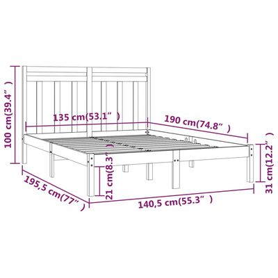 vidaXL Double fekete tömör fa ágykeret 135 x 190 cm