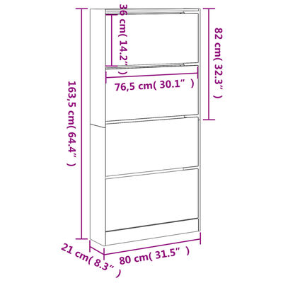 vidaXL fehér cipőszekrény 4 kihajtható fiókkal 80 x 21 x 163,5 cm