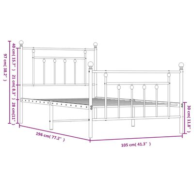 vidaXL fehér fém ágykeret fej- és lábtámlával 100 x 190 cm