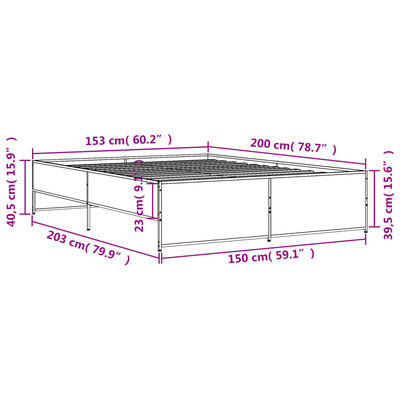 vidaXL füstös tölgy színű szerelt fa és fém ágykeret 150 x 200 cm