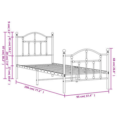 vidaXL fekete fém ágykeret fej- és lábtámlával 90 x 190 cm