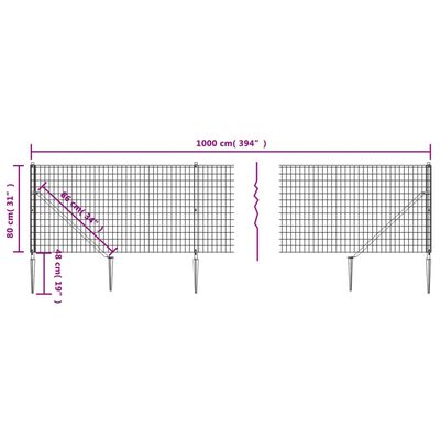 vidaXL antracitszürke dróthálós kerítés cövekekkel 0,8x10 m