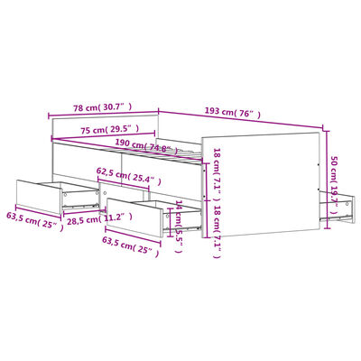 vidaXL sonoma tölgy színű ágykeret fej- és lábtámlával 75 x 190 cm