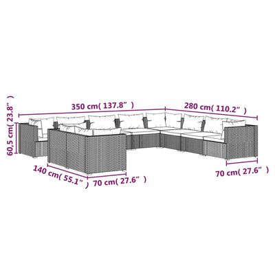 vidaXL 10 részes barna polyrattan kerti bútorszett párnákkal