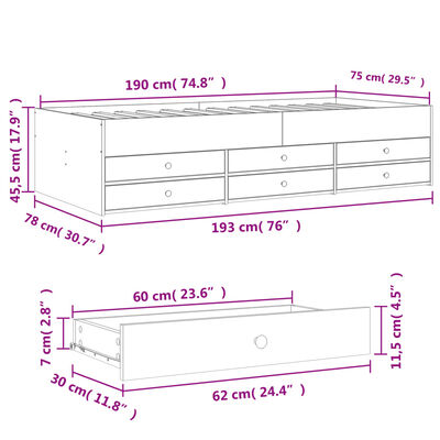 vidaXL betonszürke kanapéágy fiókkal matrac nélkül 75x190 cm