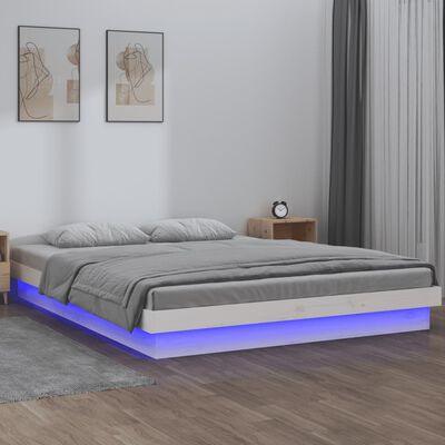 vidaXL fehér tömör fa ágykeret LED-világítással 200 x 200 cm