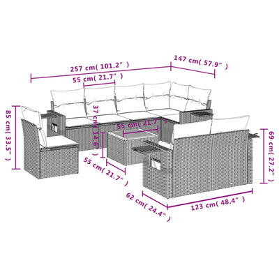 vidaXL 9 részes szürke polyrattan kerti ülőgarnitúra párnákkal