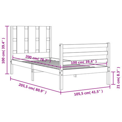 vidaXL tömör fa ágykeret fejtámlával 100 x 200 cm