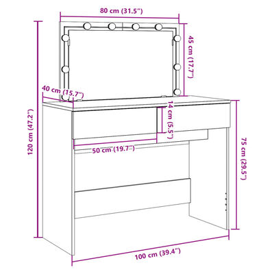 vidaXL füstös tölgy színű fésülködőasztal LED-del 100 x 40 x 120 cm