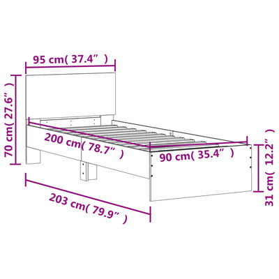 vidaXL szürke sonoma színű ágykeret fejtámlával és LED-ekkel 90x200 cm