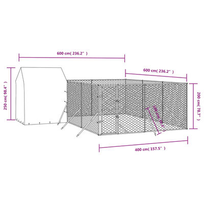 vidaXL ezüstszínű horganyzott acél kutyakennel tetővel 6x6x2,5 m