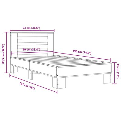 vidaXL füstös tölgyszínű szerelt fa és fém ágykeret 90 x 190 cm