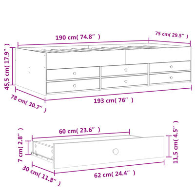 vidaXL barna tölgy kanapéágy fiókkal matrac nélkül 75x190 cm