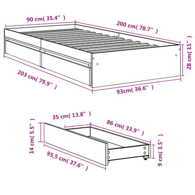 vidaXL sonoma tölgy színű szerelt fa ágykeret 90 x 200 cm