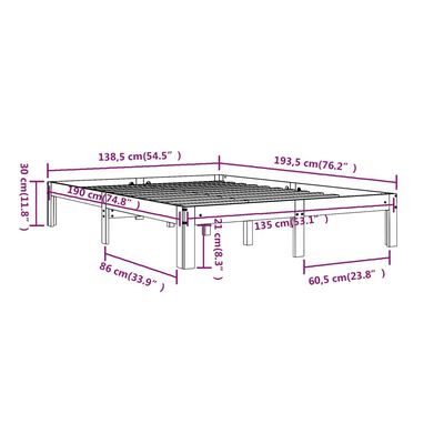 vidaXL Double fekete tömör fa ágykeret 135 x 190 cm