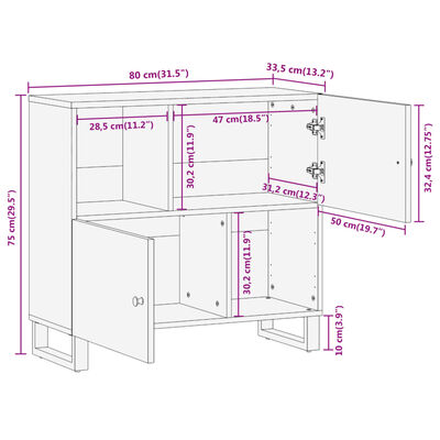 vidaXL barna és fekete tömör mangófa kisszekrény 80x33,5x75 cm