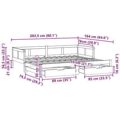 vidaXL fehér tömör fenyőfa kihúzható kanapéágy fiókkal 80x200 cm