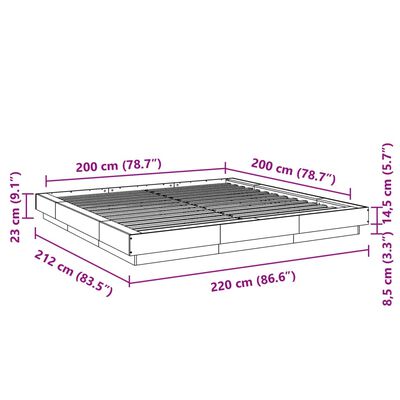 vidaXL betonszürke szerelt fa ágykeret LED-világítással 200 x 200 cm