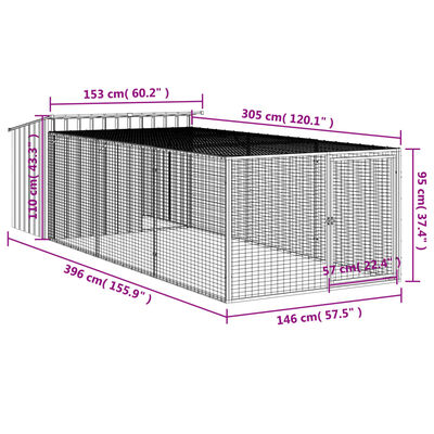 vidaXL antracit horganyzott acél kutyakennel kifutóval 153x396x110 cm