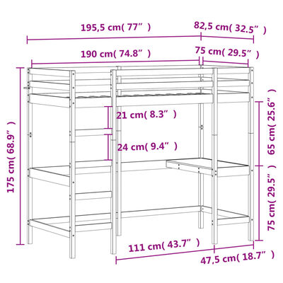 vidaXL tömör fenyőfa galériaágy íróasztallal 75 x 190 cm