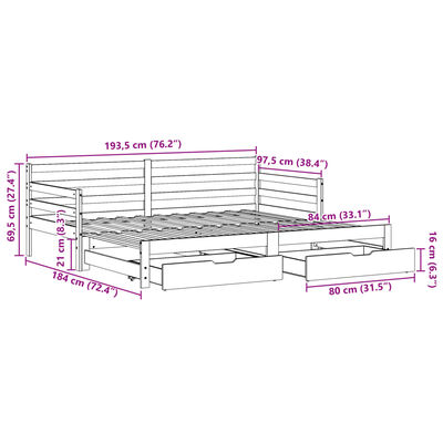 vidaXL fehér tömör fenyőfa kihúzható kanapéágy fiókkal 90x190 cm